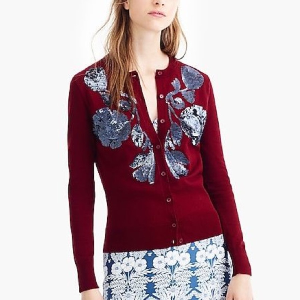 J. Crew Burgundy Cardigan with Metallic Sequin Floral Detail - Picture 2 of 7